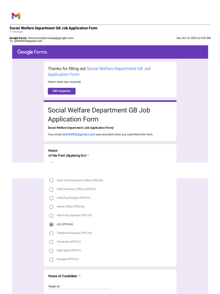 Gmail - Social Welfare Department GB Job Application Form | PDF