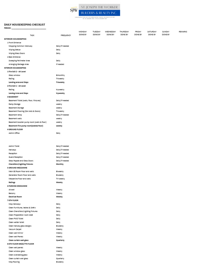 Daily Housekeeping and Maintenance Checklist | PDF | Basement ...