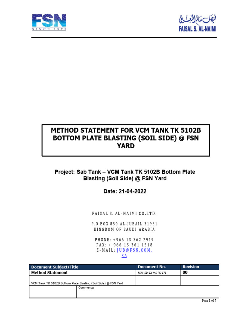 VCM Tank TK 5102B Blasting Method Statement | PDF | Paint | Epoxy