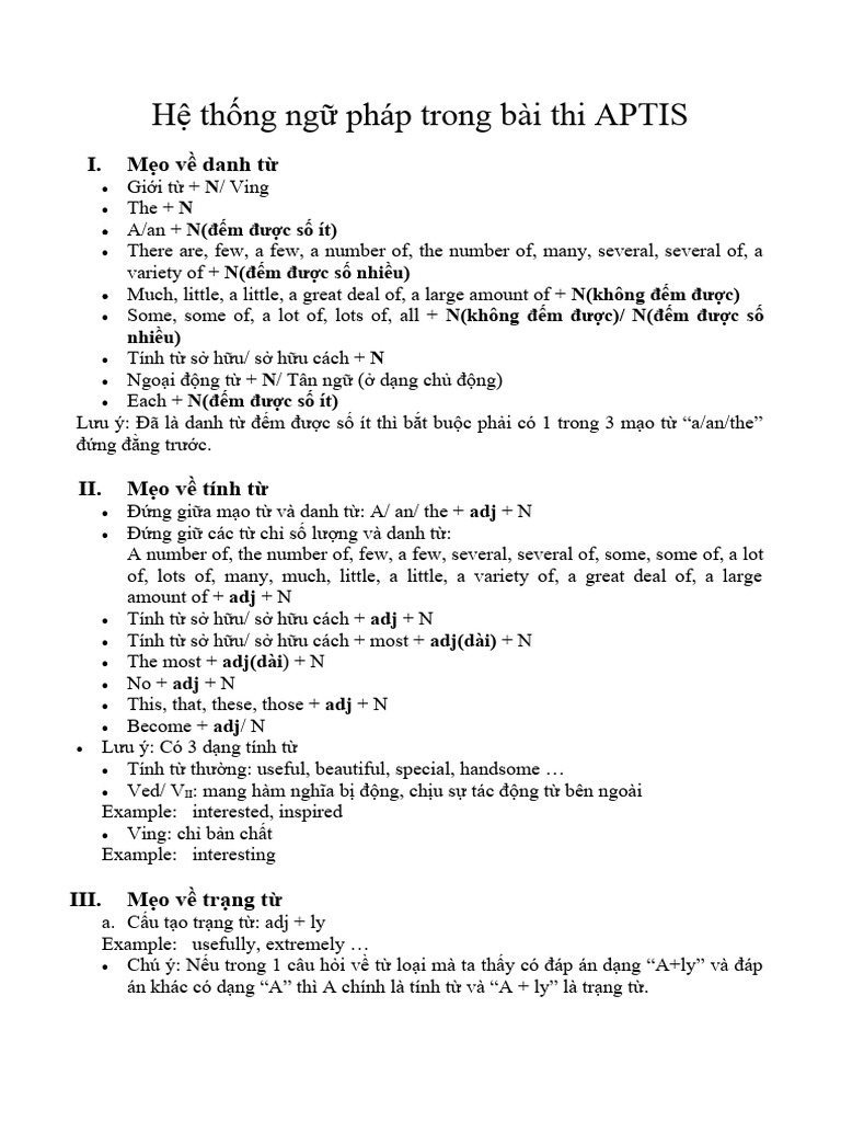 Hệ Thống Ngữ Pháp Trong Bài Thi APTIS | PDF