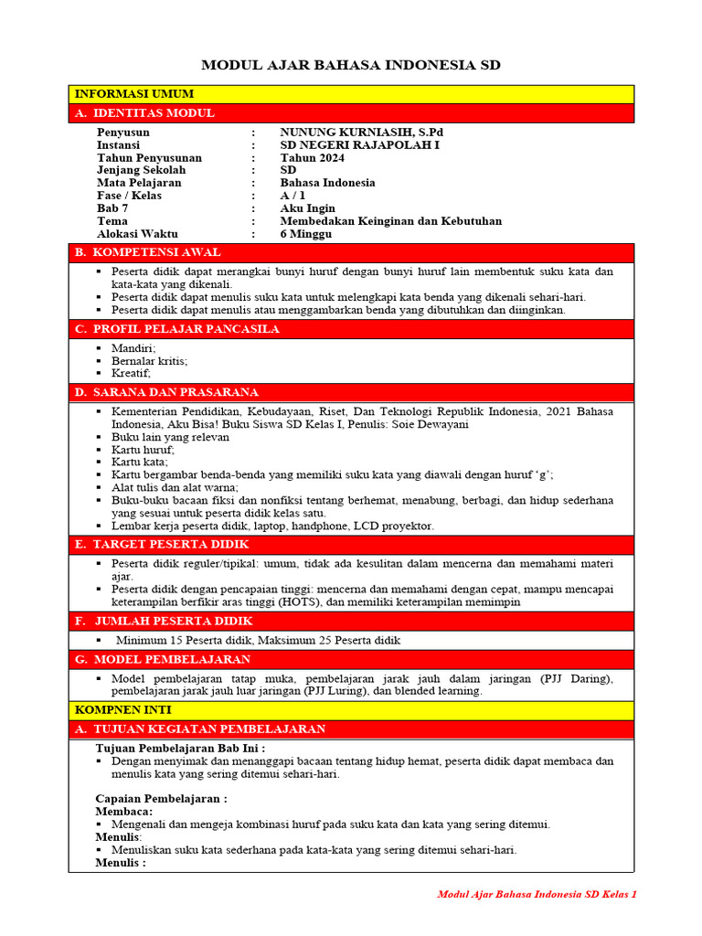 Modul Ajar Bahasa Indonesia Kelas 1 | PDF | Karier & Perkembangan ...