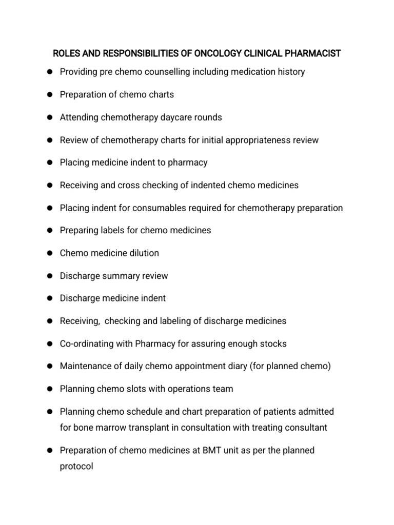 Oncology Clinical Pharmacist Duties | PDF