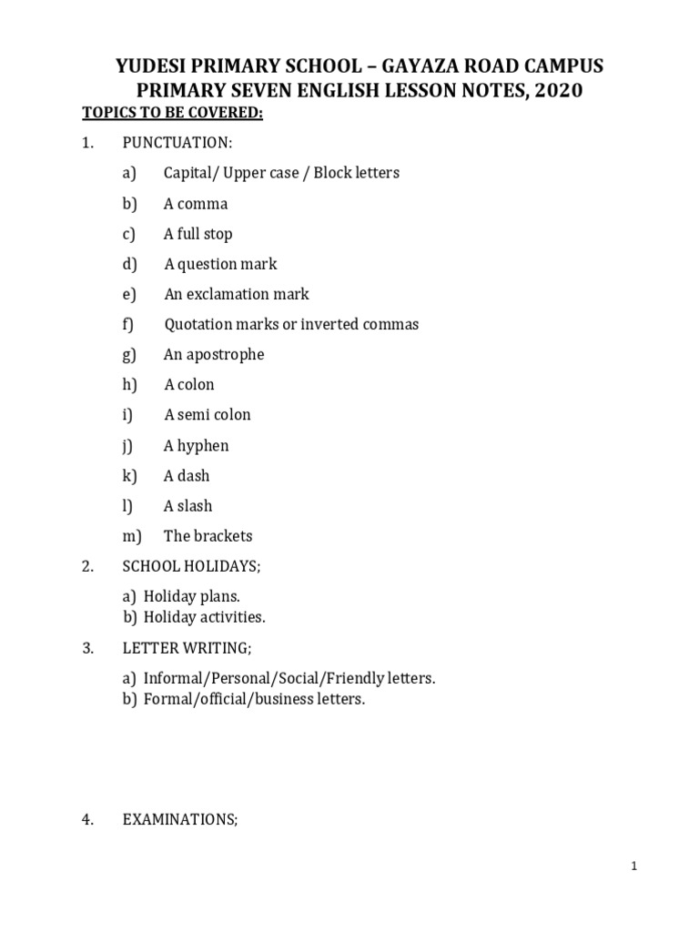 P7 English Lesson Notes 2020 | PDF | Punctuation | Comma