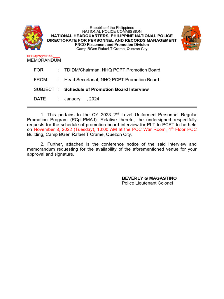 Request For Schedule of Promotion Board Interview | PDF