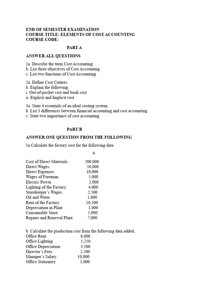 Elements of Cost Accounting Exam Questions PDF Cost Cost Of Goods