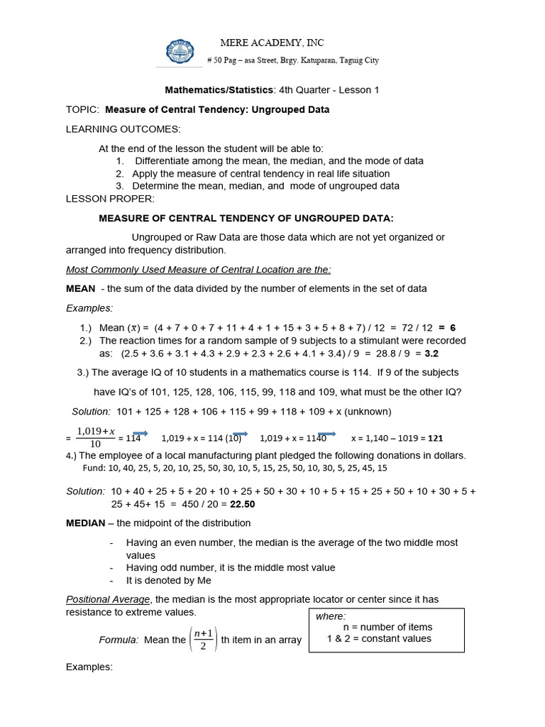 Lesson 4 1 MCT Ungrouped Data | PDF | Mode (Statistics) | Mean