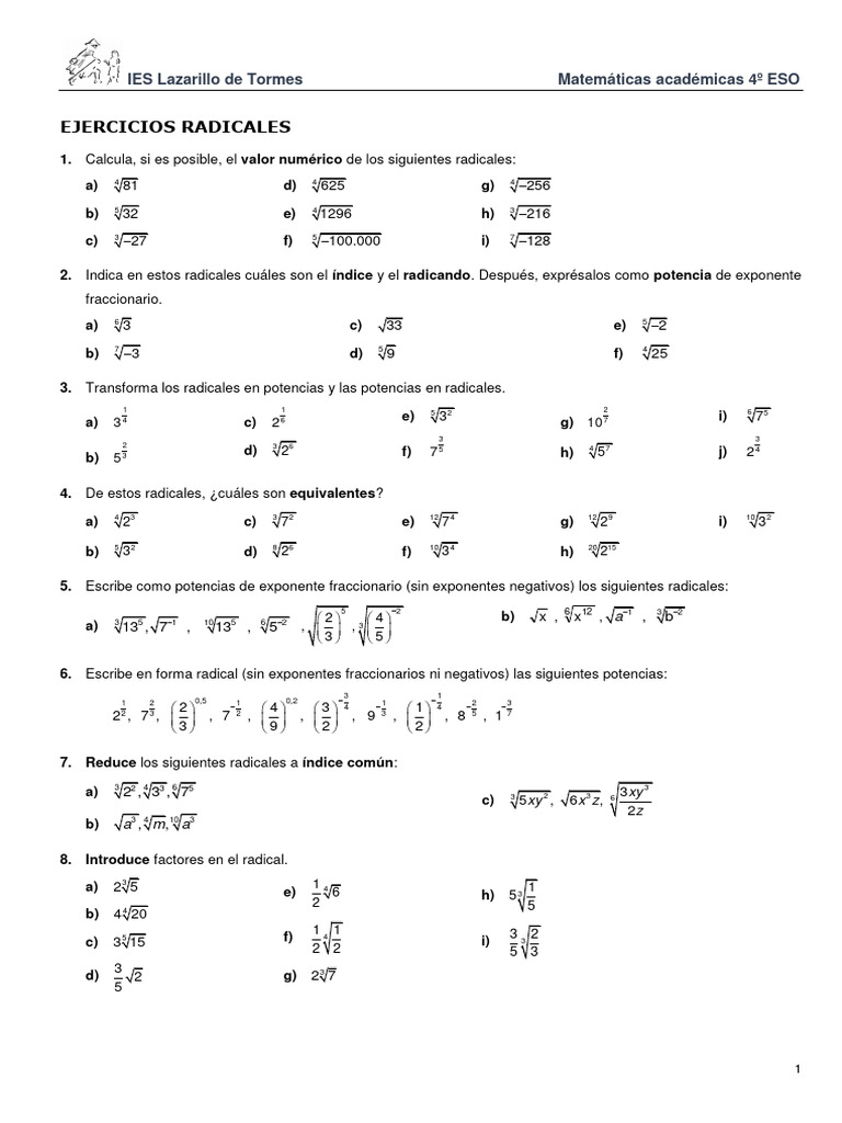 Ejercicios De Radicales Pdf Ajedrez