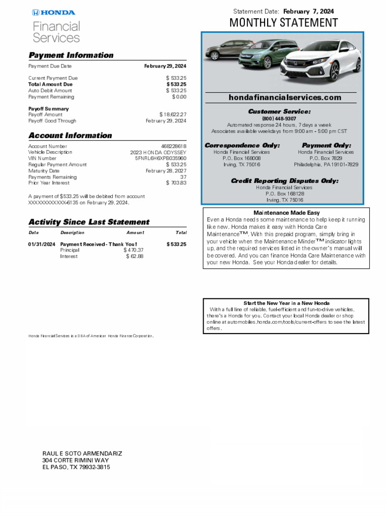 Honda Financial Services Payment Info | PDF | Cheque | Credit Card