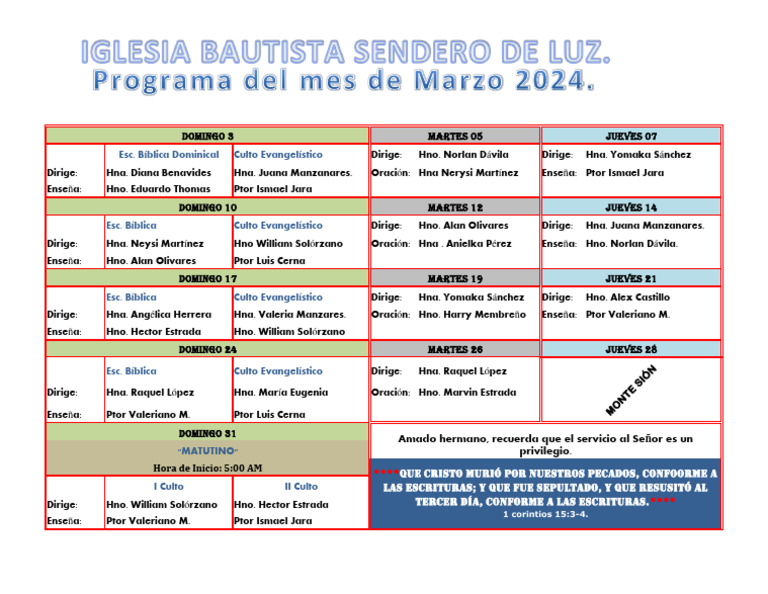 Programa Cultos Evangelísticos Marzo 2024 | PDF