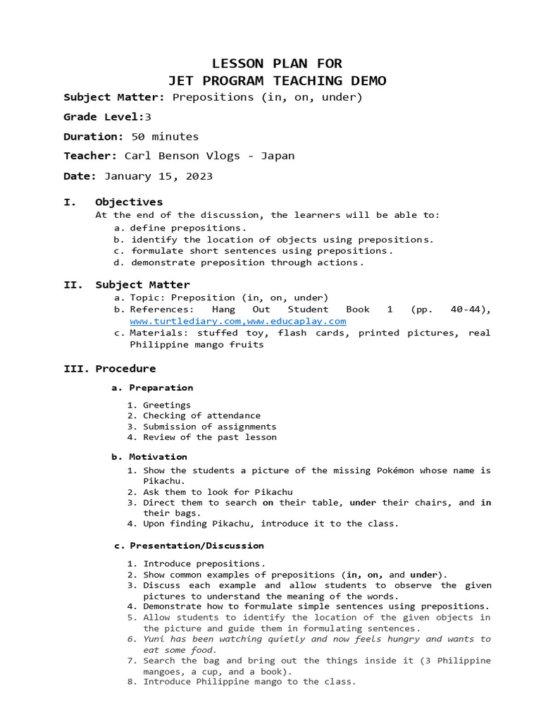 JET Program Demo Lesson Plan: Prepositions | PDF | Lesson Plan | Learning