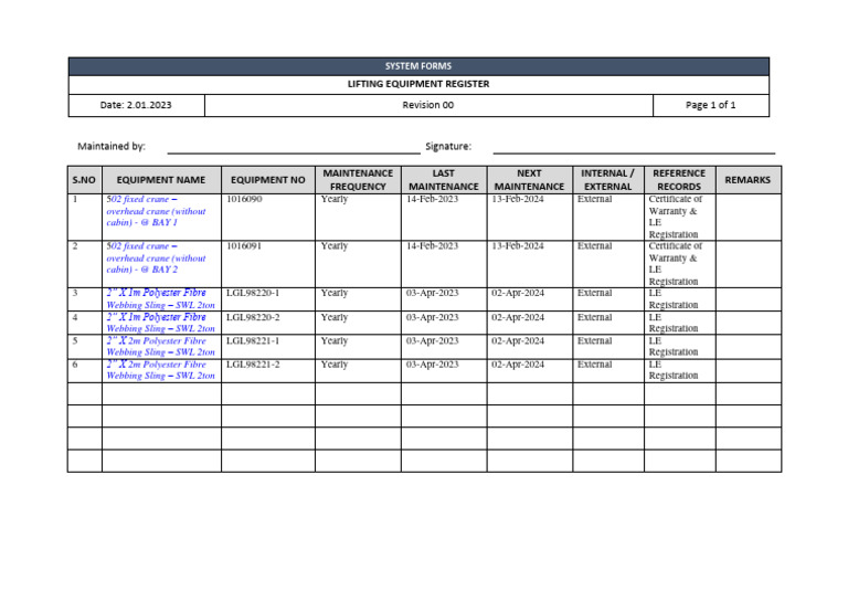 Lifting Equipment Register PDF Manufactured Goods Transport