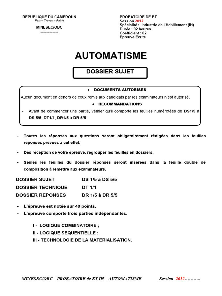 Épreuve d'Automatisme BT IH 2012 | PDF | Code (information) | Notation ...