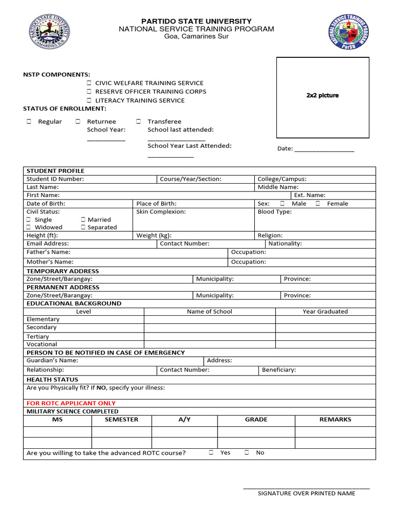NSTP Enrollment Form for PSU Students | PDF