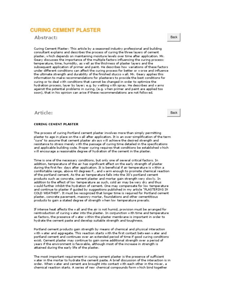 Curing Time for Cement Plaster | PDF | Plaster | Cement