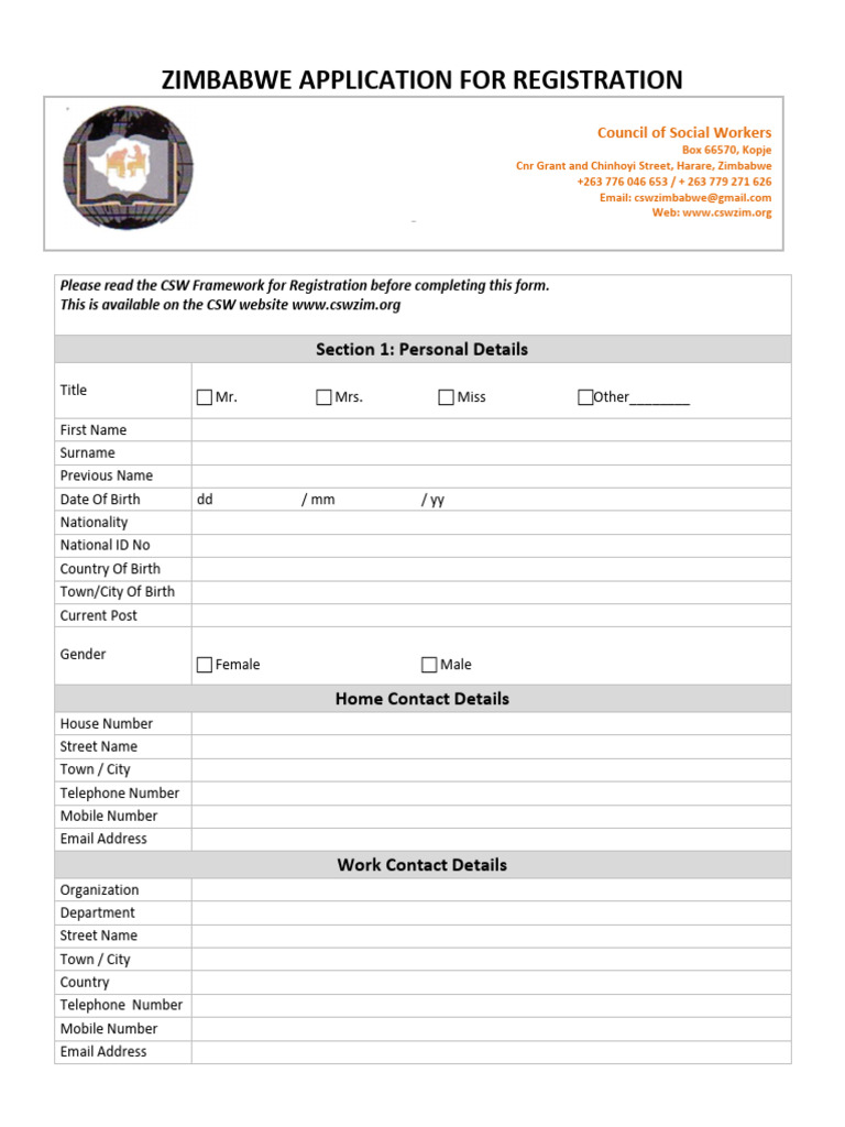Zimbabwe Application For Registration | PDF | Social Work