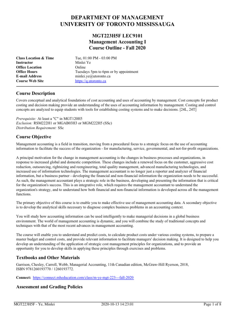 UofT Management Accounting I Course | PDF | Academic Dishonesty ...