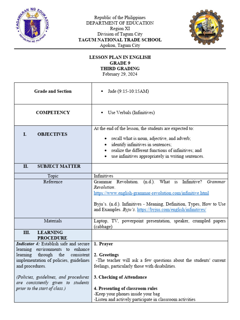 Grade 9 English: Infinitives Lesson | PDF | Verb | Adverb