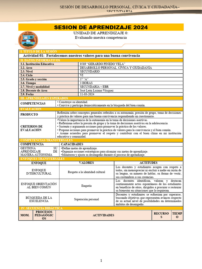 Sesión de Aprendizaje DPCC 2024 | PDF | Evaluación | Enseñando