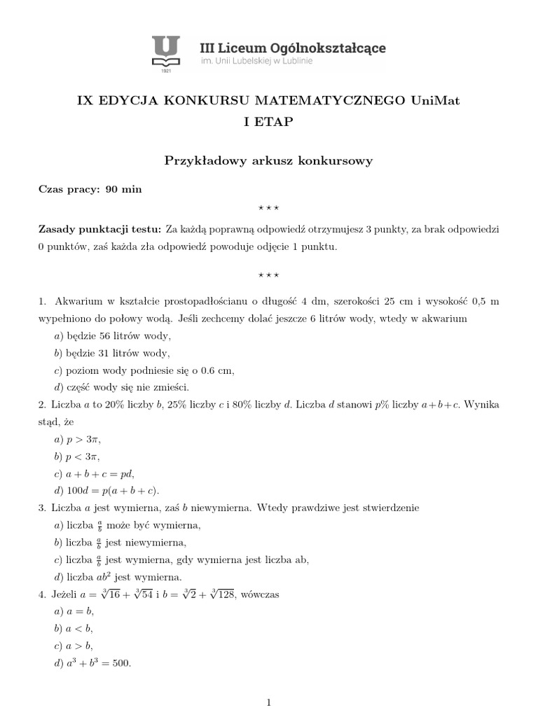 Test Unimat Przyklad | PDF