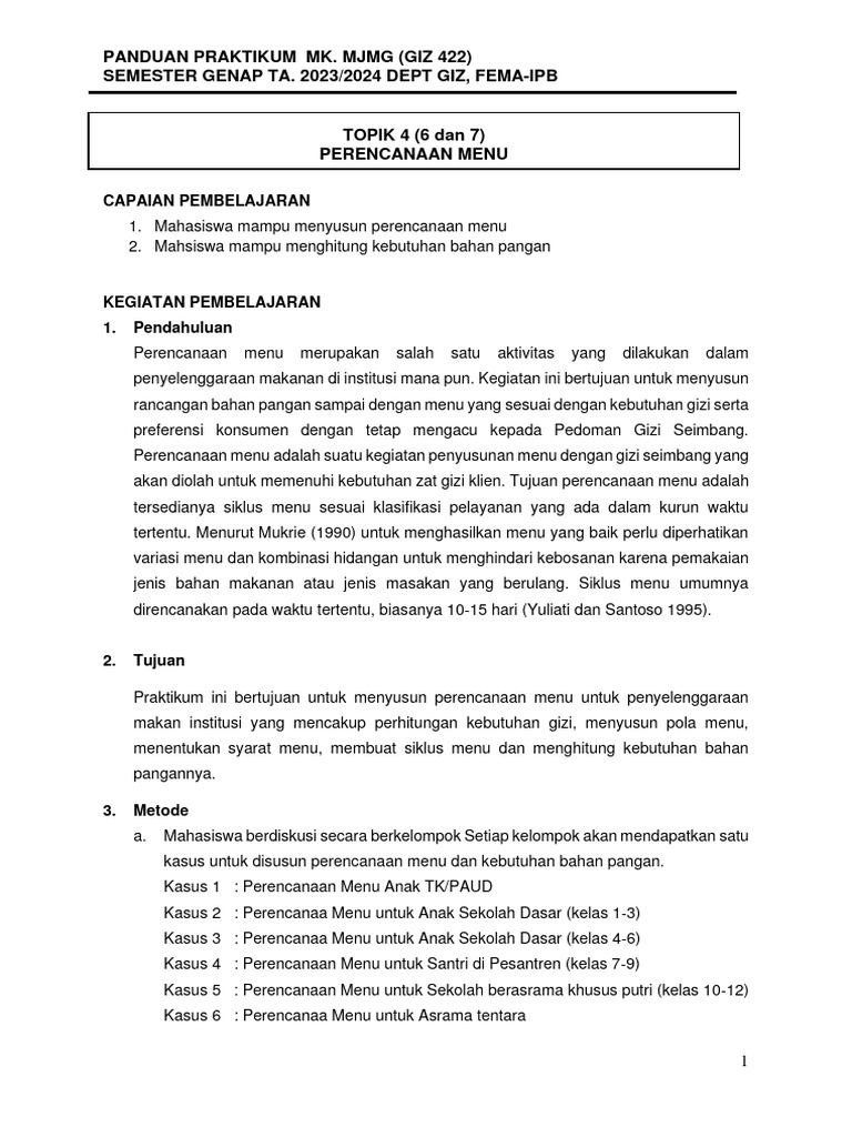 Prak MJMG - Modul 4 - Menu Planning 2024 | PDF