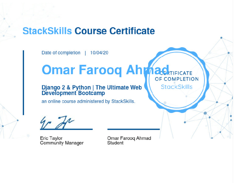 Certificate of Completion For Django 2 Python The Ultimate Web ...