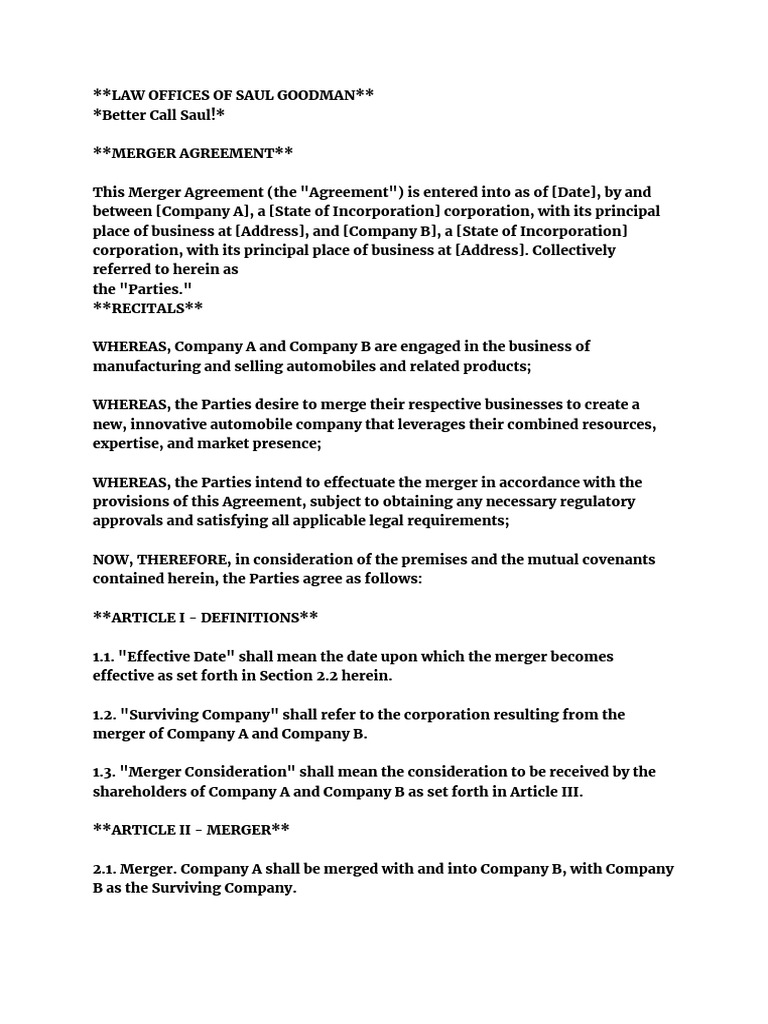 Merger Agreement Between Companies A & B | PDF | Indemnity | Mergers ...