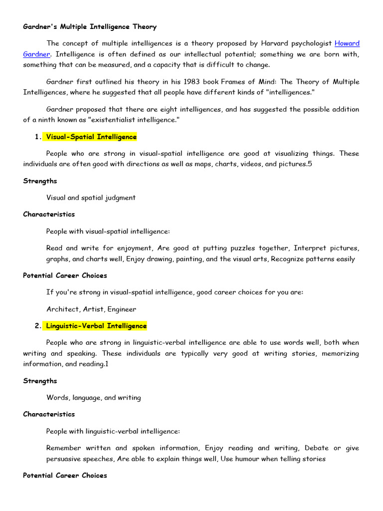 Gardner's Multiple Intelligences Theory | PDF | Intelligence | Cognition
