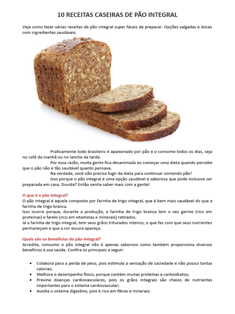 Receitas de Pão Integral Caseiro | PDF | Pães | Massa
