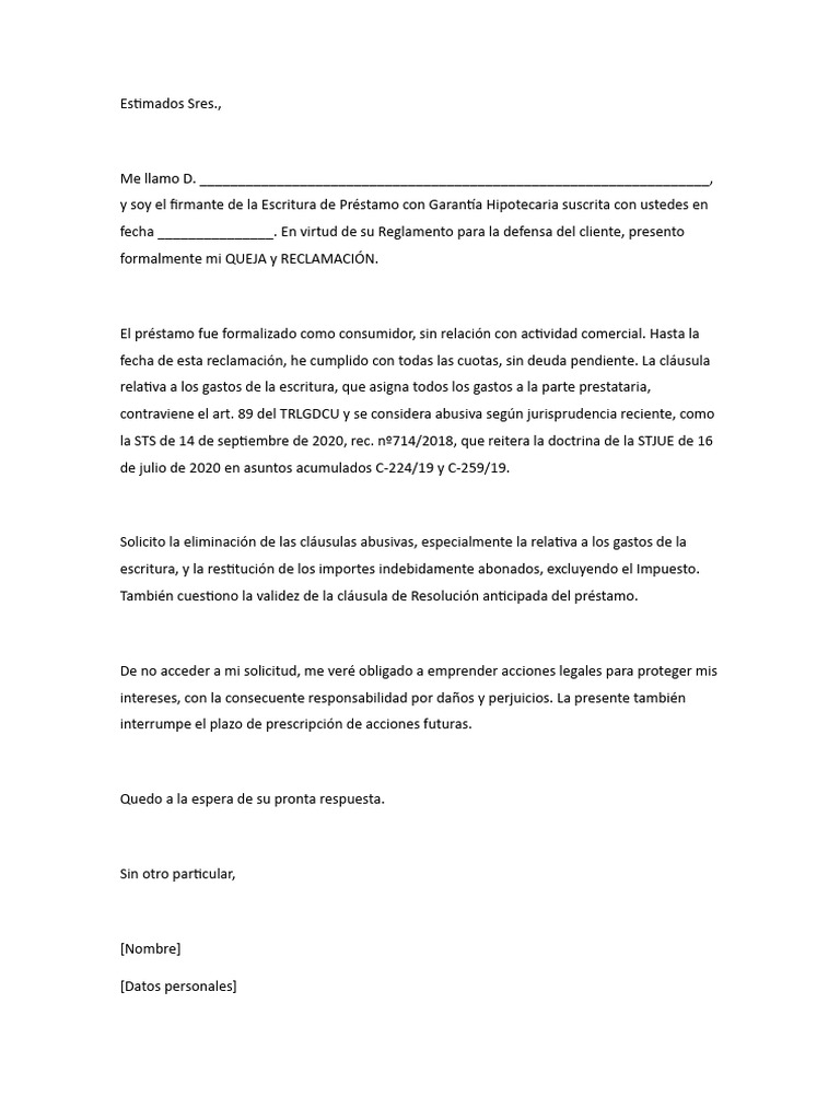 Modelo reclamacion gastos hipoteca pdf