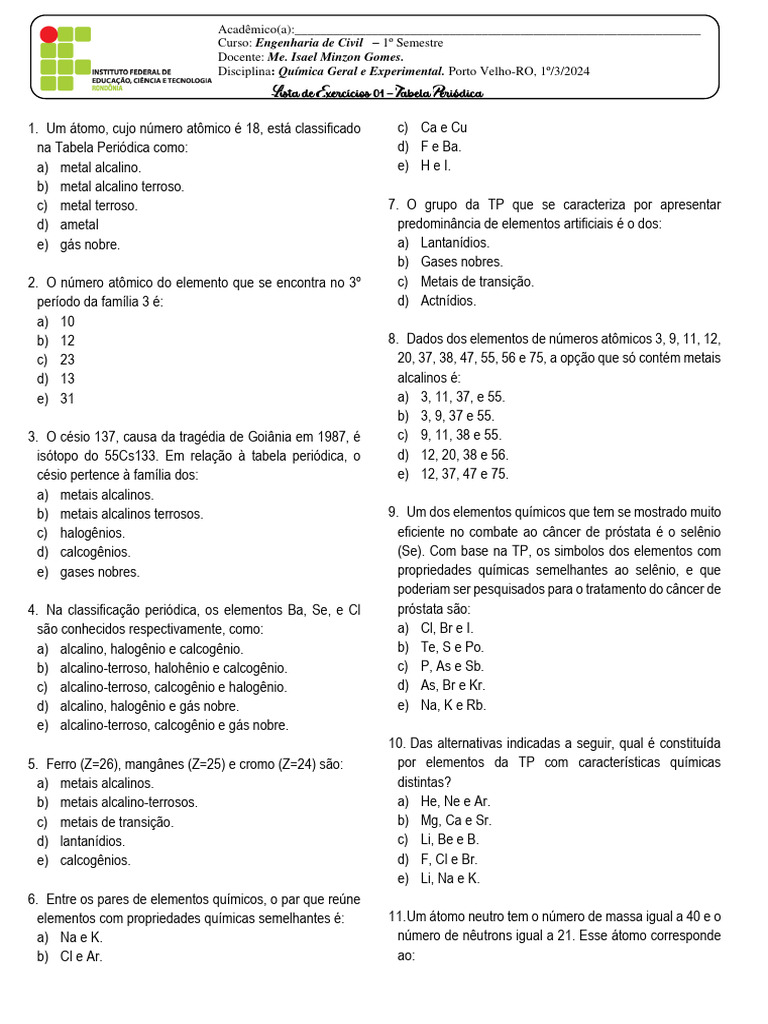 Lista de Exercícios 01 Tabela Periódica ENC | PDF | Tabela periódica ...