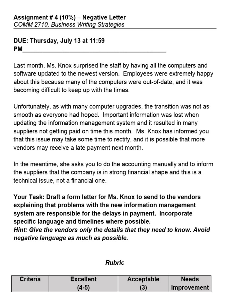 COMM 2710 - Assignment Four - Negative Letter | PDF | Computing | Human ...