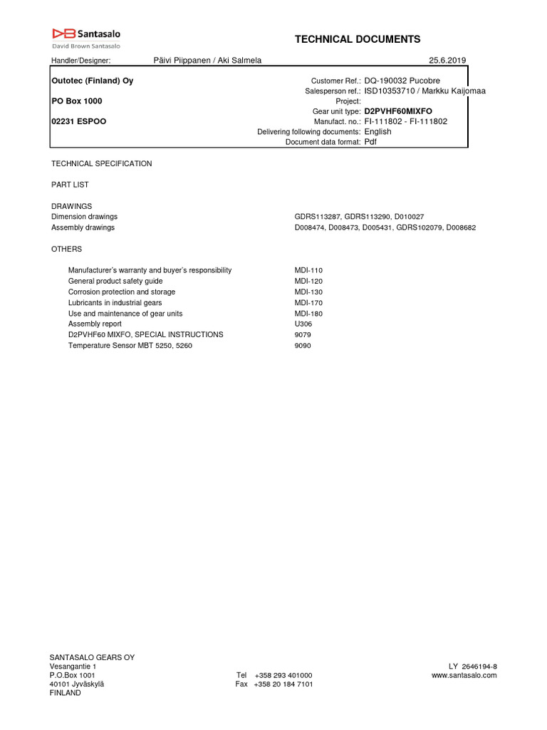 Technical Documents Gear D2PVHF60MIXFO Pucobre Customer | PDF