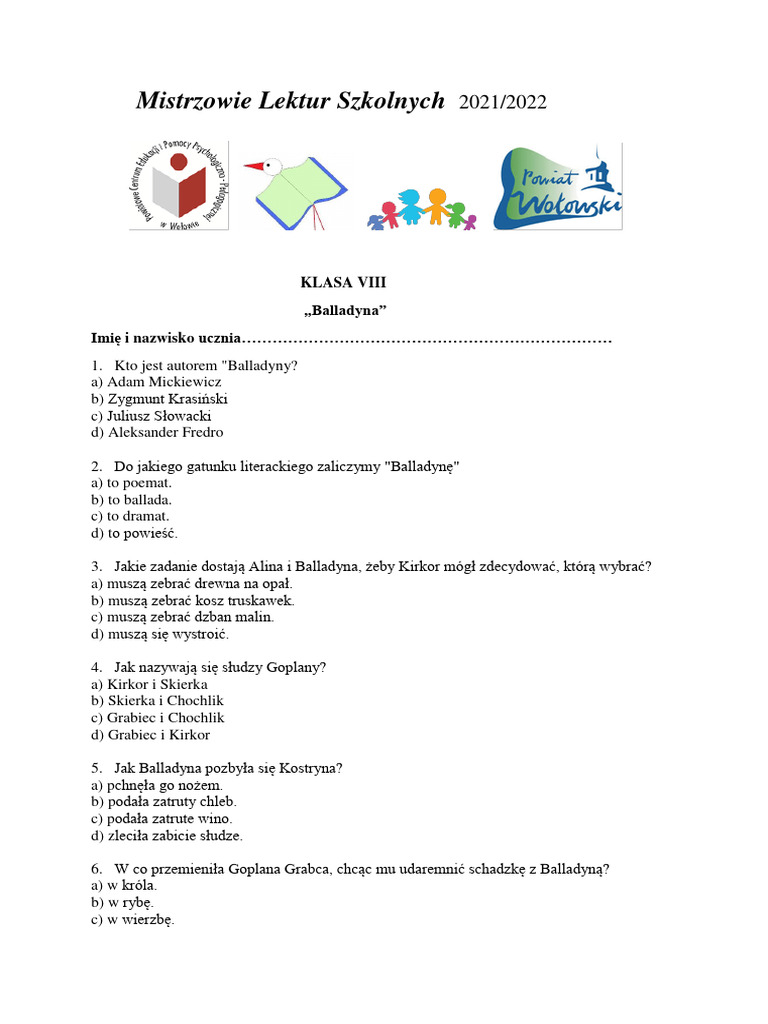 Test Z Balladyny Klasa 7 TEST-Balladyna | PDF