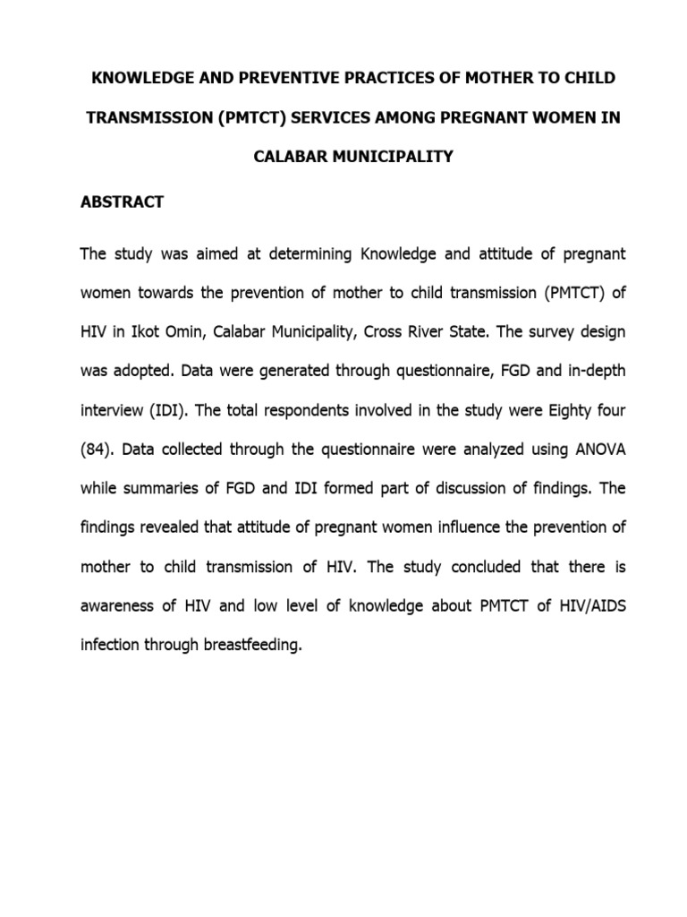 Knowledge and Preventive Practices of Mother To Child Transmission ...