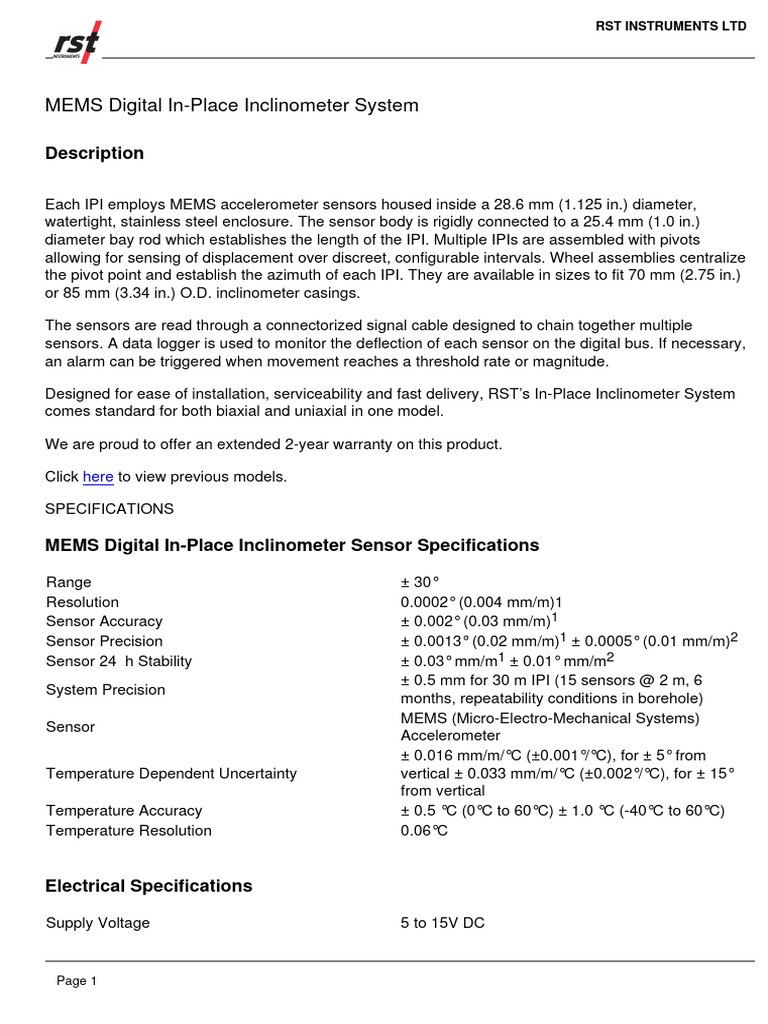 MEMS Digital In-Place Inclinometer System | Download Free PDF | Sensor ...