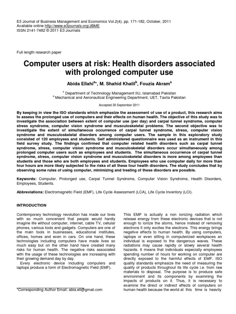 Computer users at risk: Health disorders associated with prolonged ...