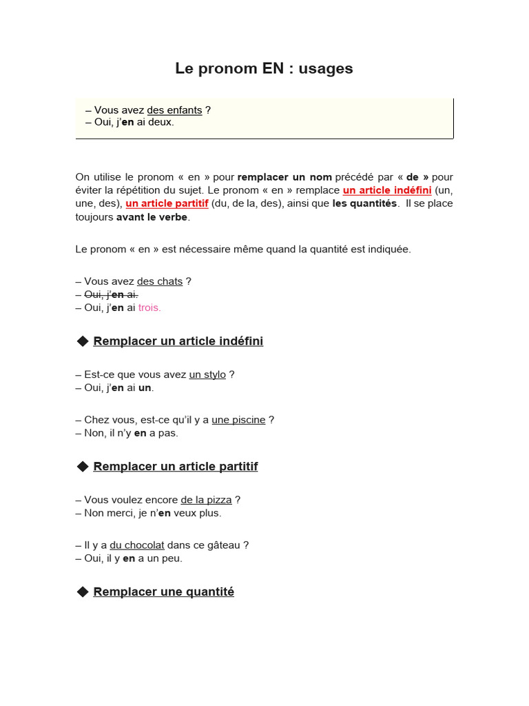 Usages du pronom EN en grammaire | PDF