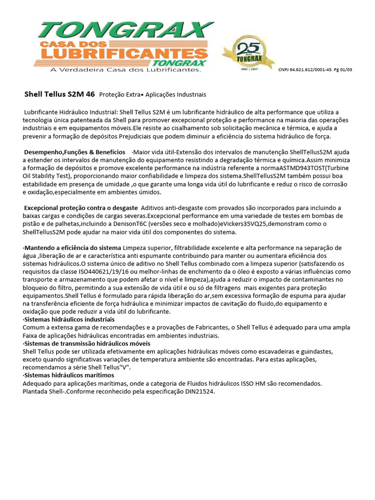 Shell Tellus S2M 46: Lubrificante Hidráulico | PDF | Umidade | Viscosidade
