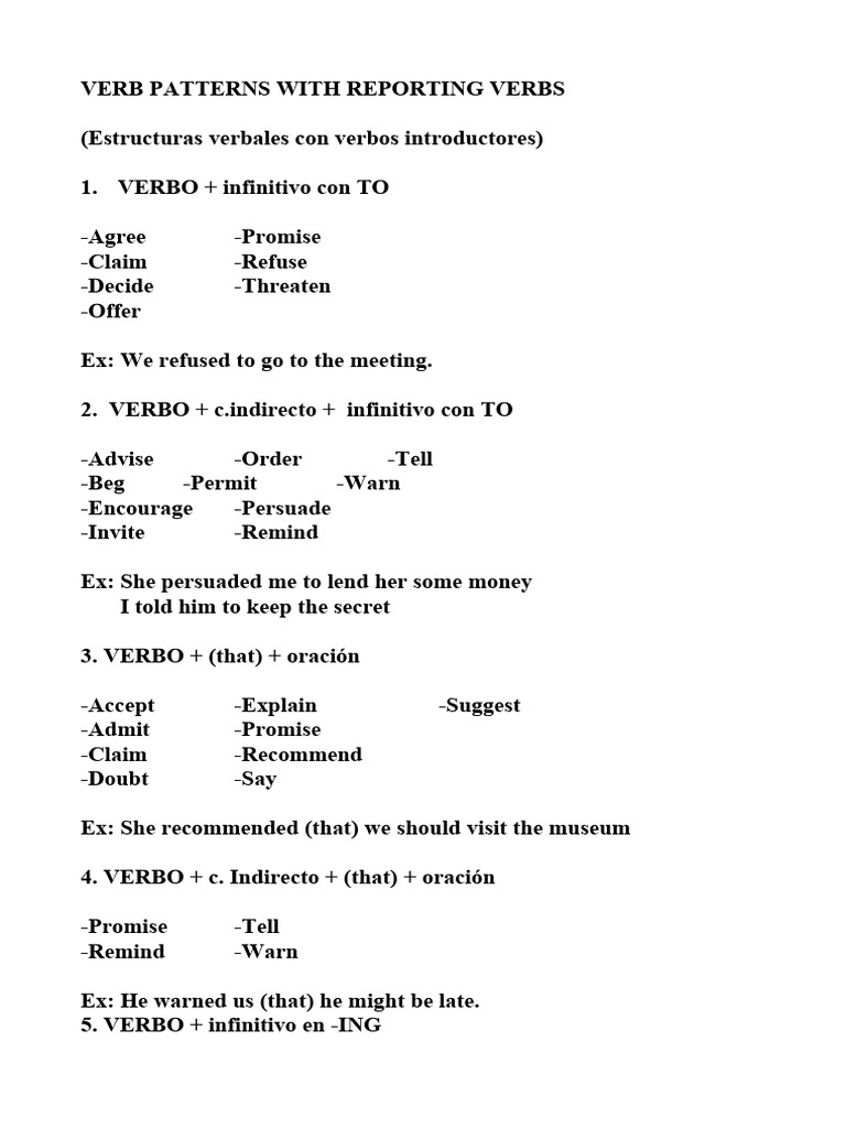 Reporting Verb Patterns Explained | PDF
