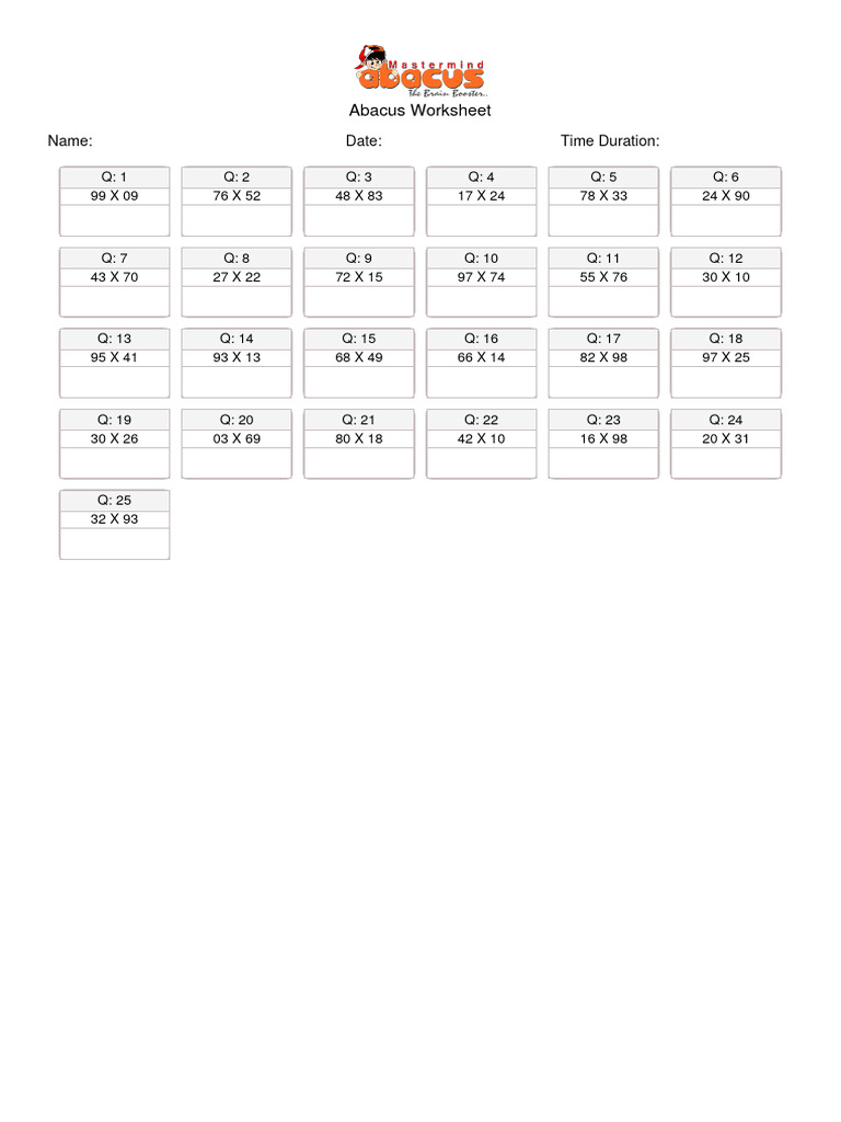 Abacus Multiplication Worksheet with Answers | PDF