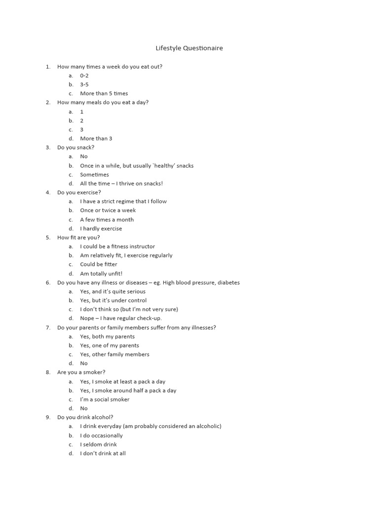 Lifestyle Questionaire | PDF | Clinical Medicine | Determinants Of Health
