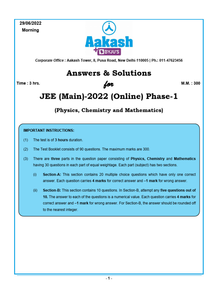 JEE Main 2022 Phase-1 Solutions: Physics | PDF | Ester | Acid