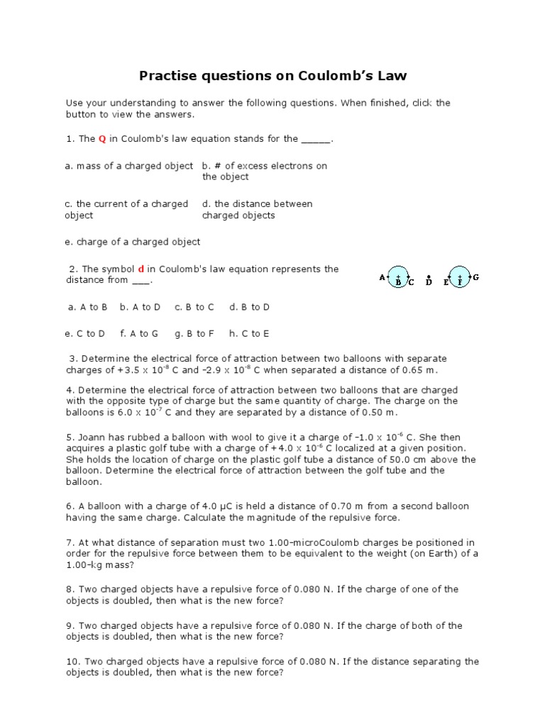 Practise Questions On Coulomb Electric Charge Force