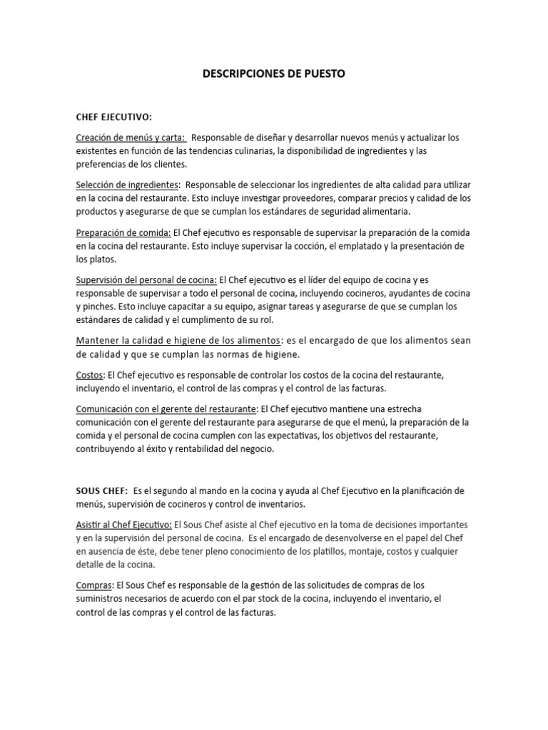 Descripciones de Puesto | PDF | Artes culinarias | Alimentos