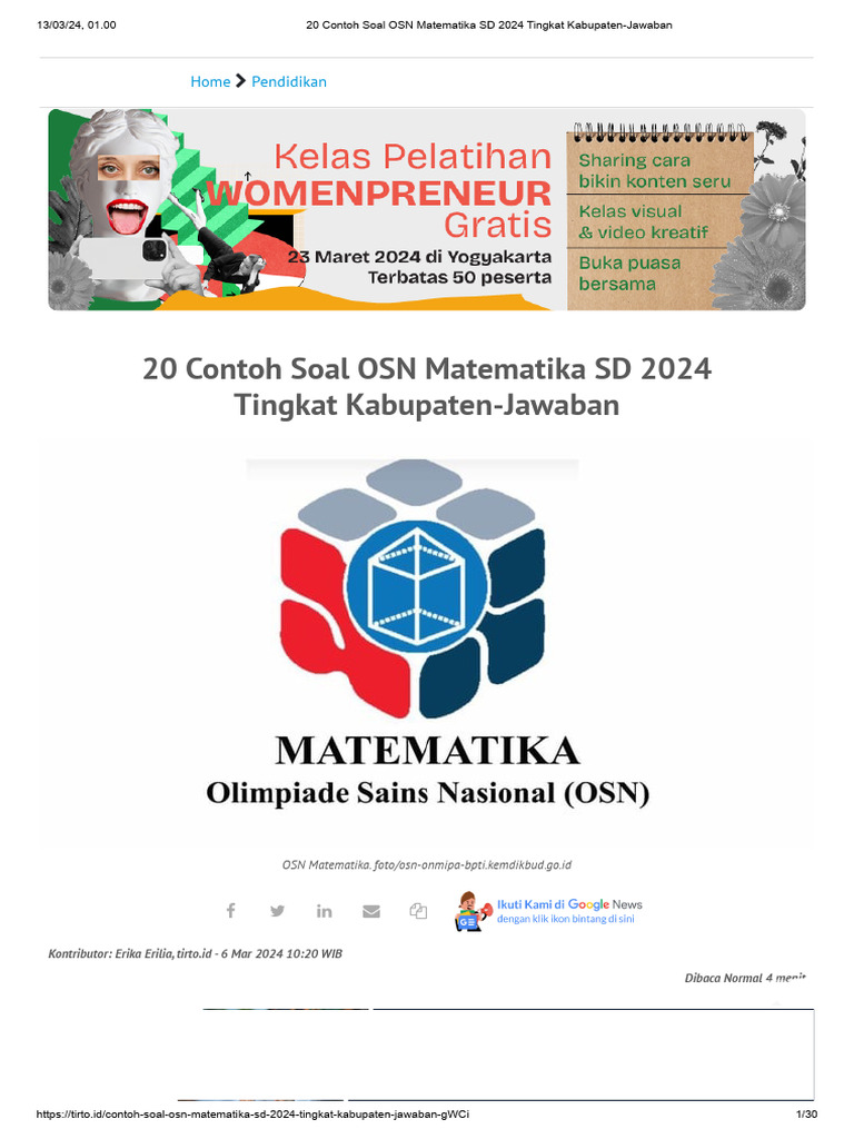 20 Contoh Soal Osn Matematika Sd 2024 Tingkat Kabupaten Jawaban Pdf