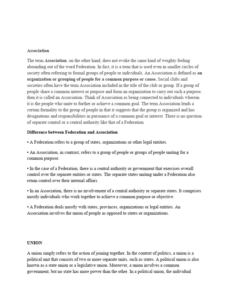 Differences Between Union, Federation, and Association | PDF ...