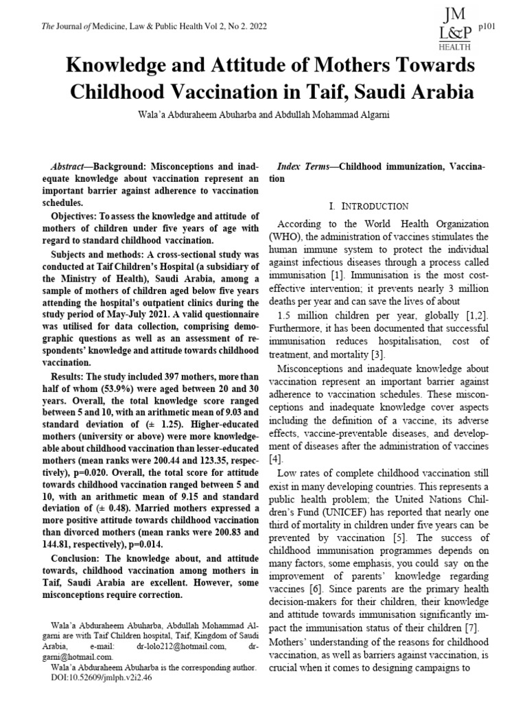 Knowledge and Attitude of Mothers Towards Childhood Vaccination in Taif ...