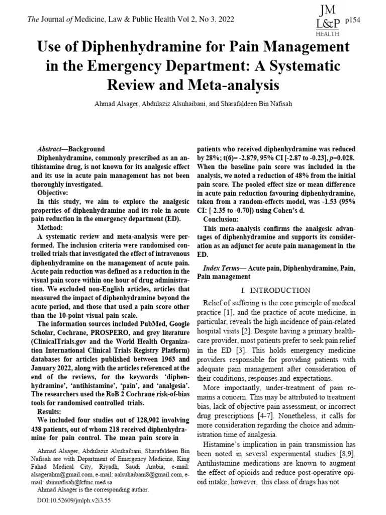 Use of Diphenhydramine For Pain Management in The Emergency Department ...