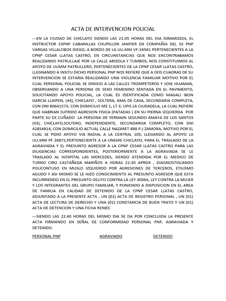 Acta de Intervención por Violencia Familiar | PDF