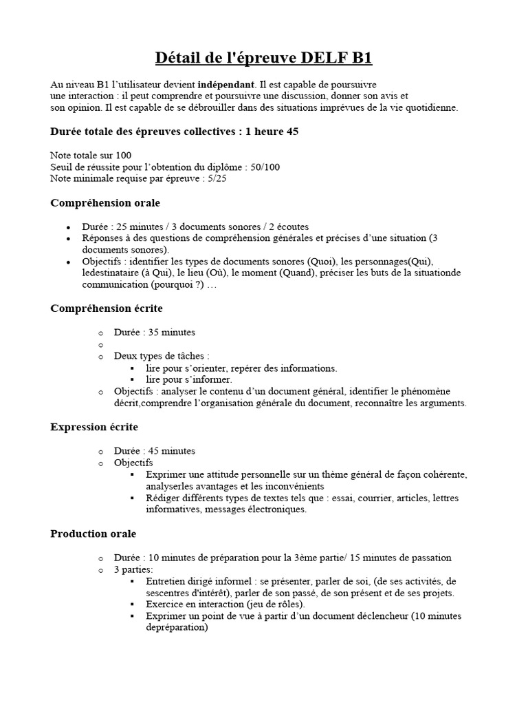 Détails de l'épreuve DELF B1 | PDF